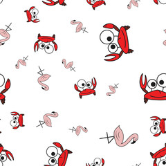 Seamless pattern of crabs and flamingos in in cartoon style