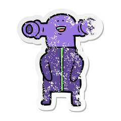 distressed sticker of a friendly cartoon alien
