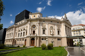Fototapeta na wymiar Neo Renaissance architecture of the Slovenian National Opera and Ballet Theatre of Ljubljana Slovenia in sun after a rain storm