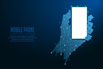Mobile phone in hand. Illustration made by polygonal wireframe mesh in blue color. Low poly hand and fingers holding smartphone with empty screen. Concept of gadgets app and digital devices. Vector.
