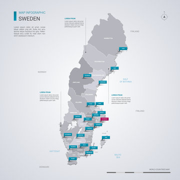 Sweden vector map with infographic elements, pointer marks.