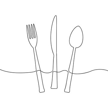 recommend clip art: One continuous line illustration of fork, knife and spoon. Cutlery. Vector.