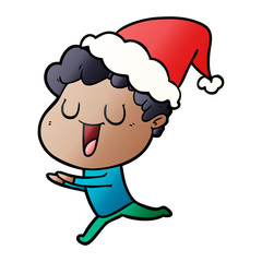 laughing gradient cartoon of a man running wearing santa hat