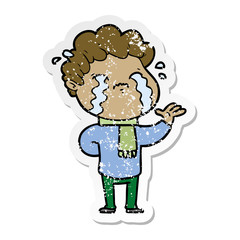 distressed sticker of a cartoon man crying