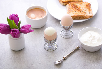 Delicious breakfast on a gray background.