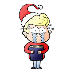 gradient cartoon of a crying man holding book wearing santa hat