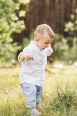 Cute boy playing in nature. Summer in the forest