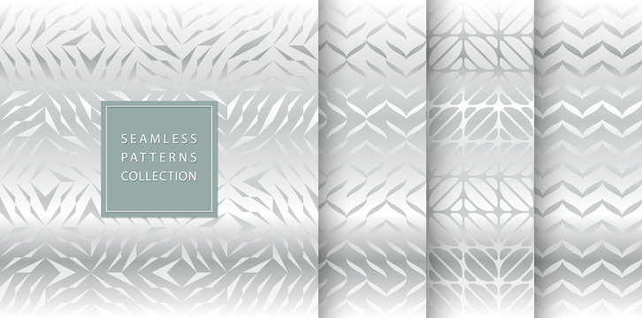 Set of silver seamless pattern. Vector texture design. Abstract seamless geometric pattern light background. Simple minimalistic gray gradient print collection. Web page fill modern hipster geometry.
