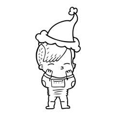 line drawing of a girl wearing futuristic clothes wearing santa hat