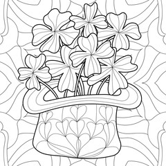 Coloring book clover, shamrock on St. Patrick's Day for adults. Hand drawn irish sign luck. Anti stress seamless ethnic bohemian background. Vintage decorative element. Indian motifs page. Vector