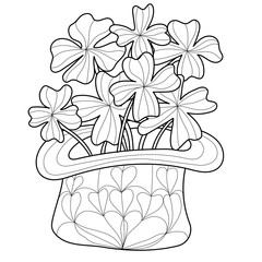 Coloring book clover, shamrock on St. Patrick's Day for adults. Hand drawn irish sign luck. Anti stress seamless ethnic bohemian background. Vintage decorative element. Indian motifs page. Vector