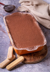 Italian tiramisu dessert cake in dish with cocoa powder on blue background