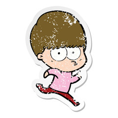 distressed sticker of a nervous cartoon boy