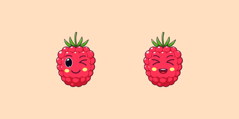 Cute Kawaii Raspberry, Cartoon Ripe Fruit. Vector