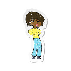 retro distressed sticker of a cartoon woman whistling