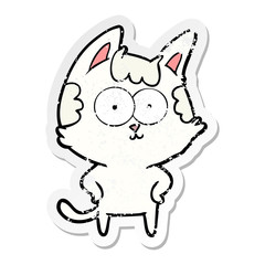 distressed sticker of a happy cartoon cat