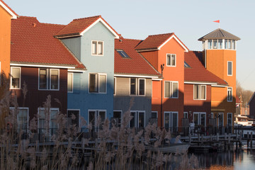 Colourful waterfront houses at the Reitdiephaven (Reitdiep Marina) in Groningen, the Netherlands.
