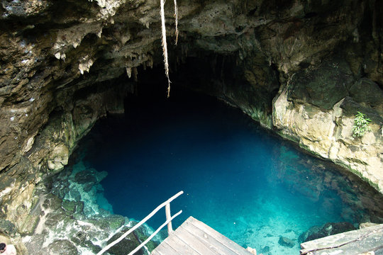 Top view of an underground river sinkhole, known as "cenote", in Cuzama, Yucatan, Mexico.