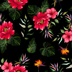 Seamless pattern tropical pink flower with leaves 