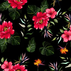 Fototapeten Seamless pattern tropical pink flower with leaves  © DNZ CreativeDesign