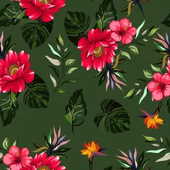 Foto op Plexiglas Seamless pattern tropical pink flower with leaves  © DNZ CreativeDesign