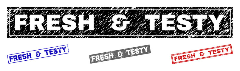 Grunge FRESH & TESTY rectangle stamps isolated on a white background. Rectangular seals with grunge texture in red, blue, black and grey colors.