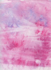 Obraz premium Pink watercolor paper background. Hand drawn painting backdrop. Abstract texture. Living coral color. Trend colors. Light clouds, ice