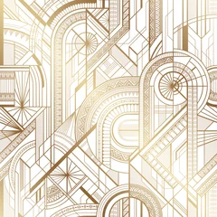 Deurstickers Goud geometrisch abstract Naadloos art deco geometrisch goud en wit patroon