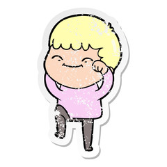 distressed sticker of a cartoon happy boy