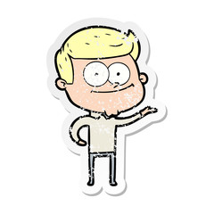 distressed sticker of a cartoon happy man