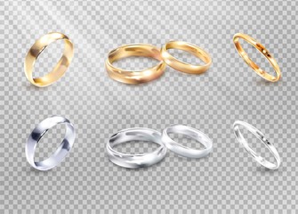 Vector luxury silver and gold wedding, marriage rings isolated on transparent checkered background. Golden ring to wedding, illustration of silver luxury rings. - obrazy, fototapety, plakaty