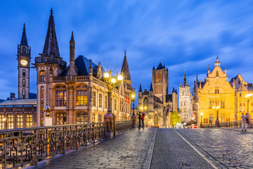Naklejka premium Ghent, Belgium. The Sint-Michielsbrug bridge, medieval mansions, St Nicholas Church and Belfort van Gent (Belfry)