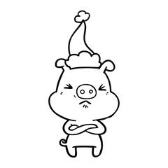 line drawing of a angry pig wearing santa hat