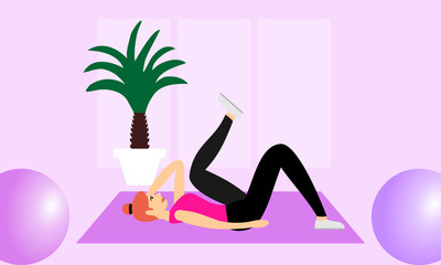 Young fitness sporty girl doing exercises during training workout, stretching in a fitness studio. Beautiful girl exercising fitness training. People vector illustration. 
