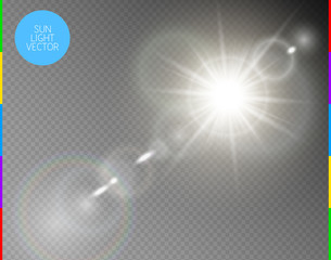 Vector transparent sunlight special lens flare light effect. Isolated sun flash rays and spotlight. White front translucent sunlight background. Blur abstract glow glare decor element. Star burst.