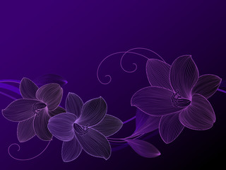 Luxurious abstract floral pattern with tropical  leaves and lily flower in purple color.