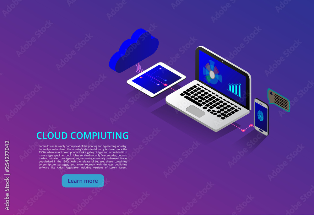 Poster isometric modern cloud technology and networking concept. web cloud technology business. internet da