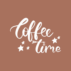 Vector hand lettering illustration. Coffee time. Calligraphy phrase with white stars. Design composition with typography elements.