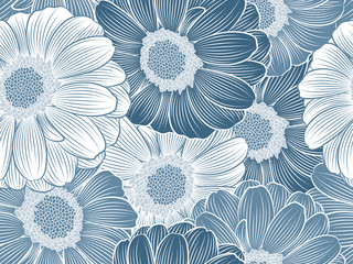 Seamless floral pattern with hand-drawn purple abstract gerbera flowers.