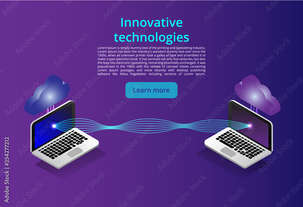 Poster isometric modern computers technology and networking concept. web cloud technology business. interne