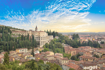 Beautiful view of the hill of San Pietro and the panorama of the city of Verona, Italy