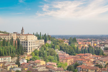 Fototapeta na wymiar Beautiful view of the hill of San Pietro and the panorama of the city of Verona, Italy