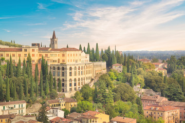 Beautiful view of the hill of San Pietro and the panorama of the city of Verona, Italy - obrazy, fototapety, plakaty