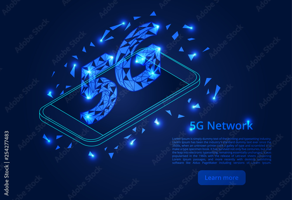Poster abstract 5g network mobile data transmission. new wireless internet wifi connection. isometric vecto