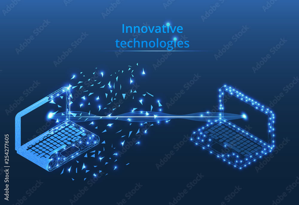 Poster internet digital. data transfer. abstract laptop images of polygons from lines, points and shapes. l