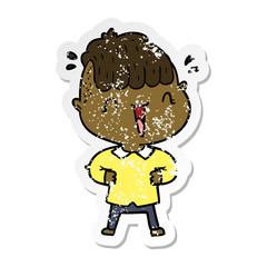 distressed sticker of a cartoon happy boy surprised