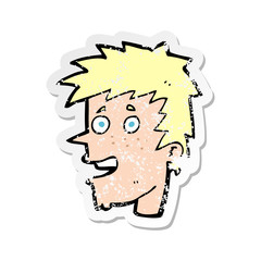 retro distressed sticker of a cartoon happy boy face