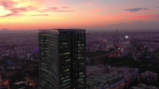 sunset sky bangalore cityscape famous wtc building aerial panorama 4k india
