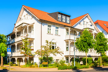 Historical holiday villas on street in coastal holiday resort of Binz, Rugen island, Baltic Sea, Germany