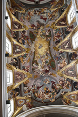 Fototapeta na wymiar Colorful ceiling frescoe painted by Sternen in the Franciscan Church of the Annunciation in Ljubljana Slovenia